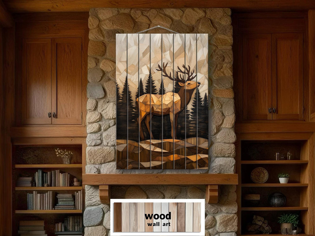 Geometric Elk In The Forest Distressed Wood Wall Art