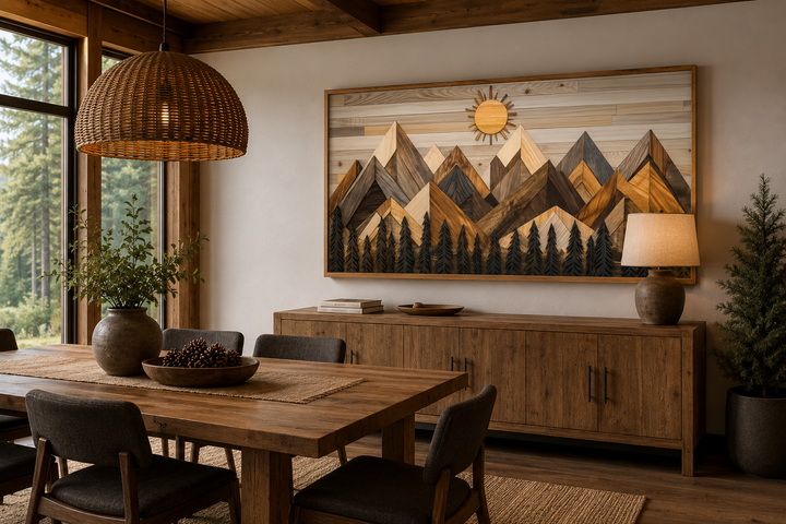 Geometric wood mountain and pine tree forest canvas wall art in a rustic dining room setting.