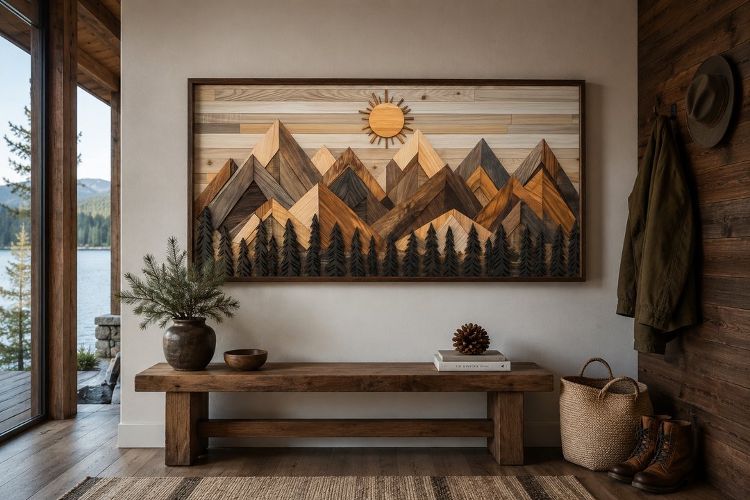 Geometric wood mountain and pine trees forest canvas wall art in a rustic cabin entryway.