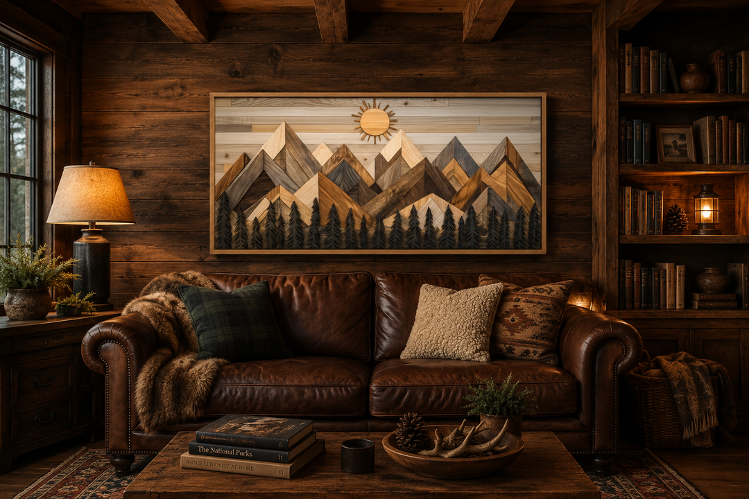 Geometric wood mountain and pine tree forest canvas wall art in a rustic cabin living room.