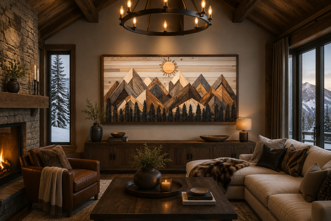 Geometric wood mountain and pine trees forest canvas wall art in a rustic living room.