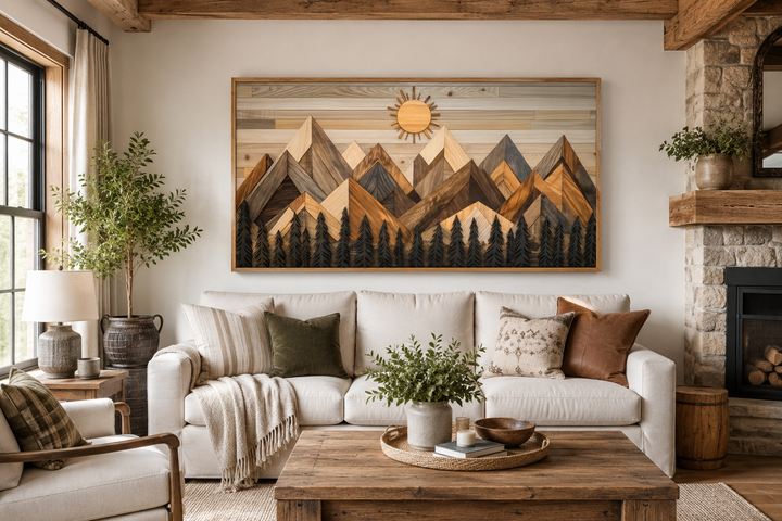 Geometric wood mountain and pine trees forest canvas wall art above a white sofa in a rustic room.