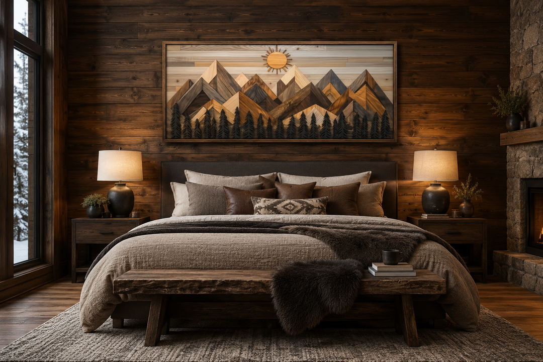Geometric wood mountain and pine tree forest canvas wall art hanging above a bed in a rustic room.