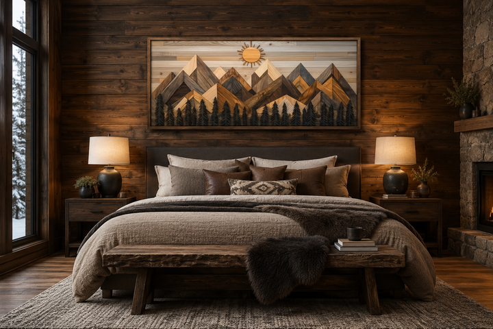 Geometric wood mountain and pine tree forest canvas wall art hanging above a bed in a rustic room.