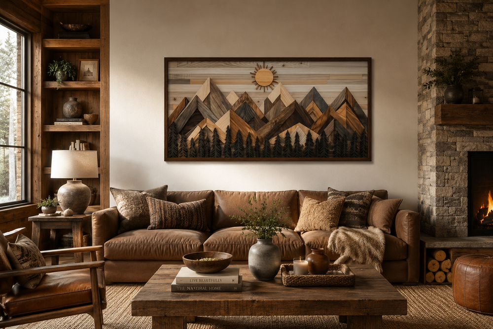 Geometric wood mountain and pine trees forest canvas wall art above a brown leather sofa.