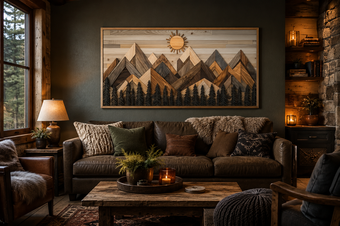 Geometric wood mountain and pine trees forest canvas wall art above a brown leather sofa.