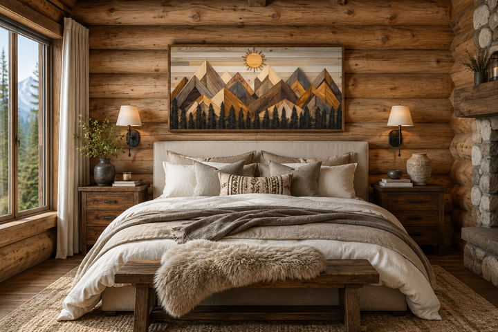 Geometric wood mountain and pine trees forest canvas wall art hanging above a bed in a log cabin.