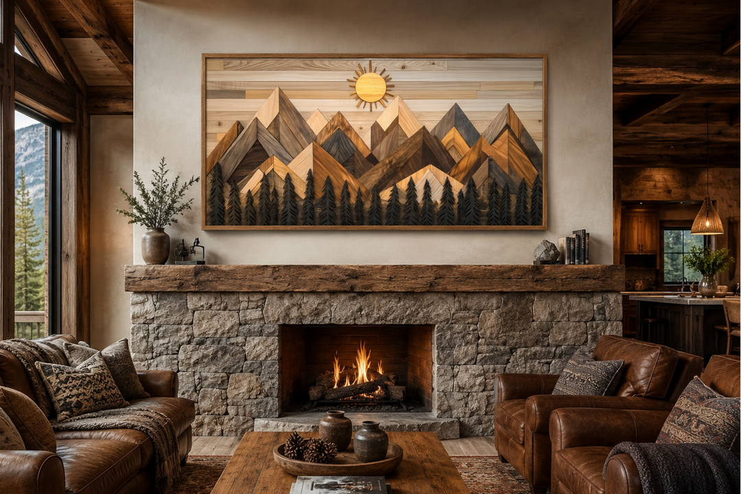 Geometric wood mountain and pine trees forest canvas wall art hanging above a stone fireplace.