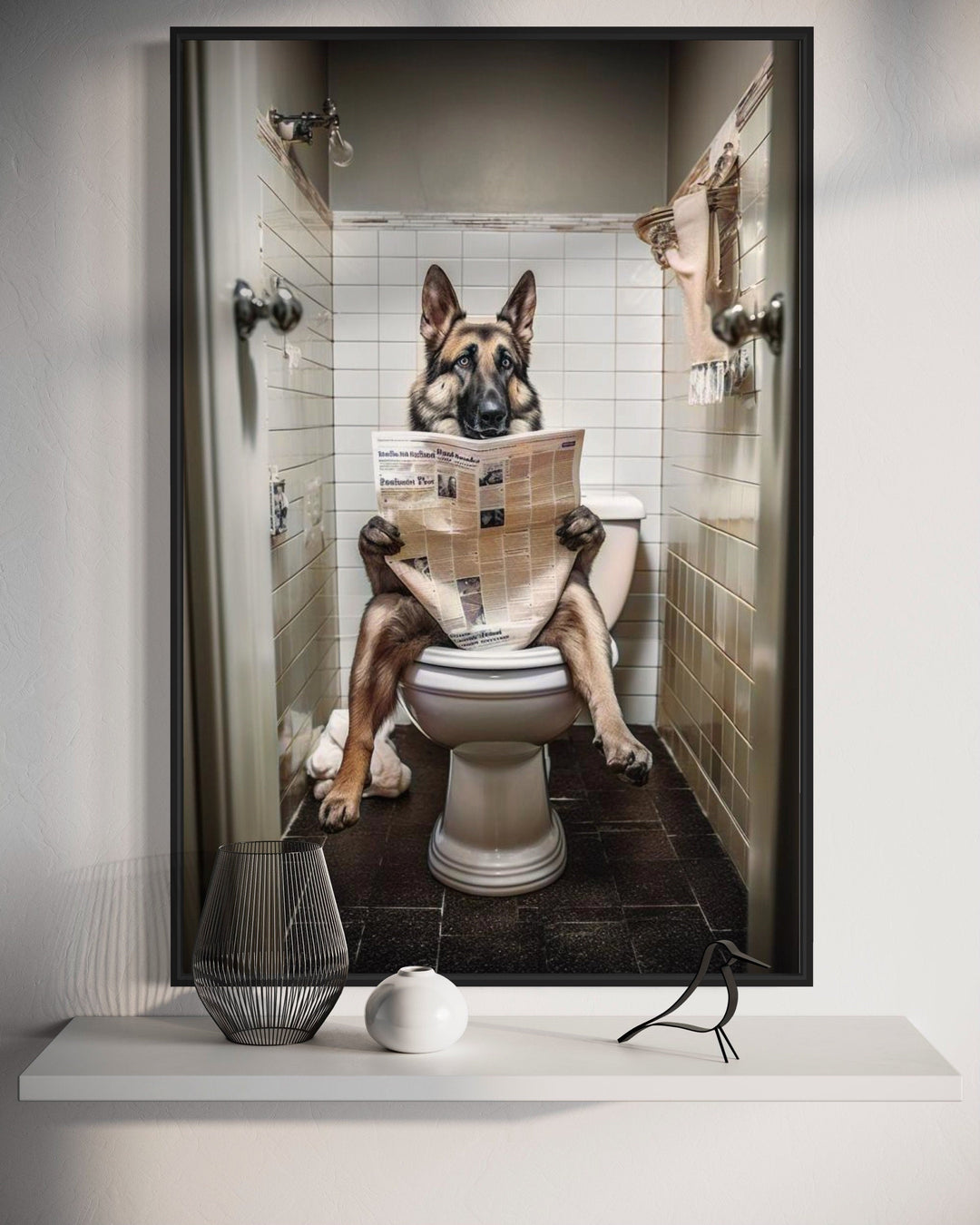 German Shepherd Dog On The Toilet Reading Newspaper Picture