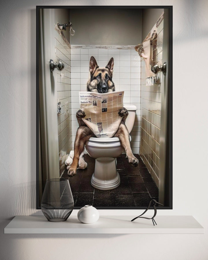 German Shepherd Dog On The Toilet Reading Newspaper Picture