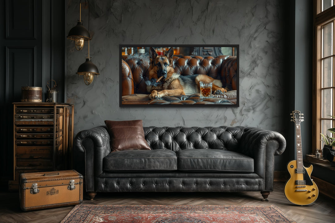 German Shepherd On Couch Smoking Cigar Drinking Whiskey Bar Wall Decor