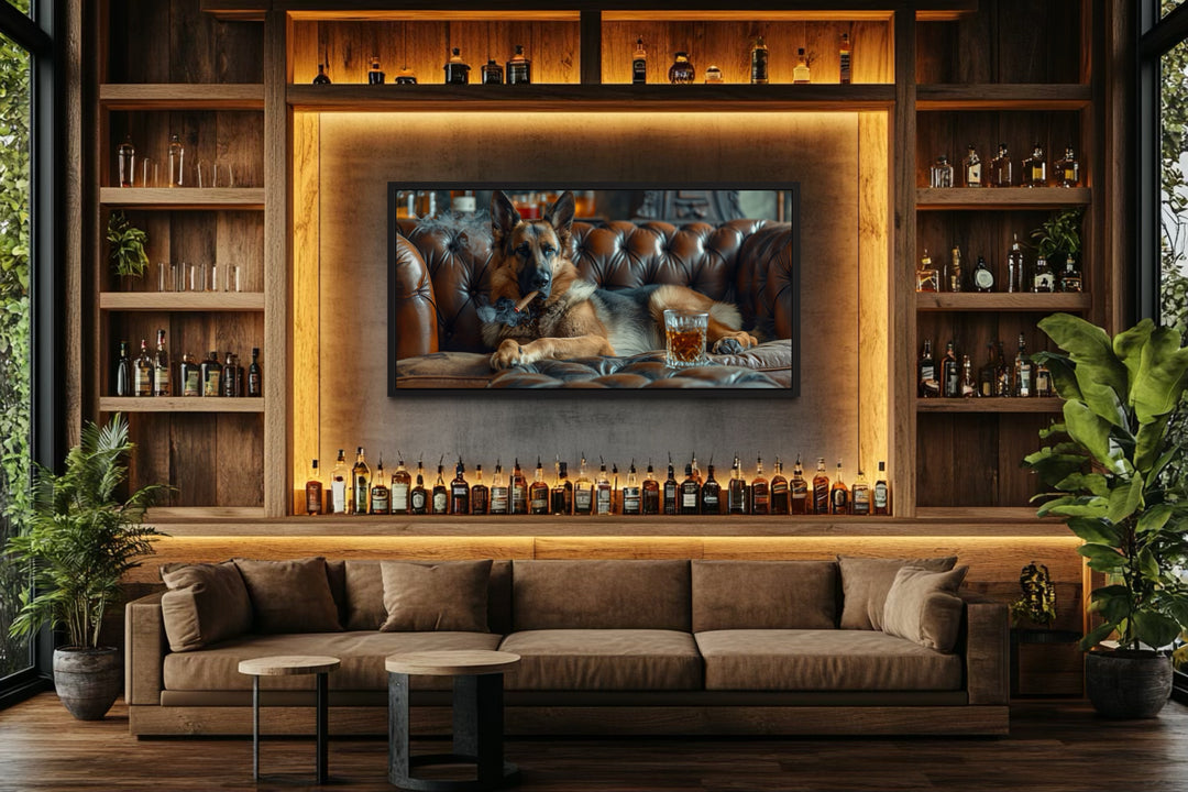 German Shepherd On Couch Smoking Cigar Drinking Whiskey Bar Wall Decor