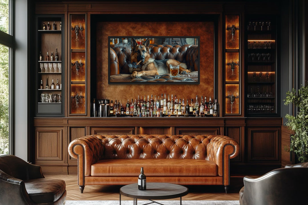 German Shepherd On Couch Smoking Cigar Drinking Whiskey Bar Wall Decor