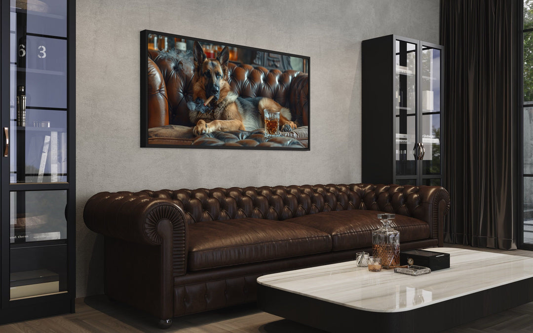 German Shepherd On Couch Smoking Cigar Drinking Whiskey Bar Wall Decor