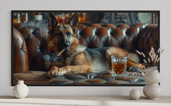 German Shepherd On Couch Smoking Cigar Drinking Whiskey Bar Wall Decor