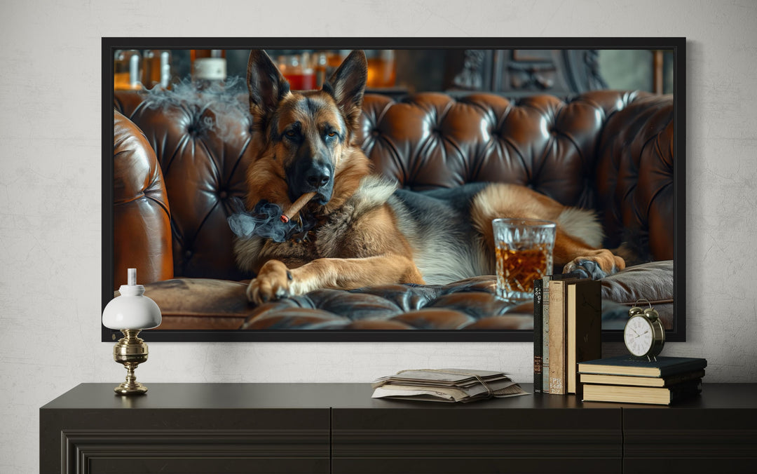 German Shepherd On Couch Smoking Cigar Drinking Whiskey Bar Wall Decor