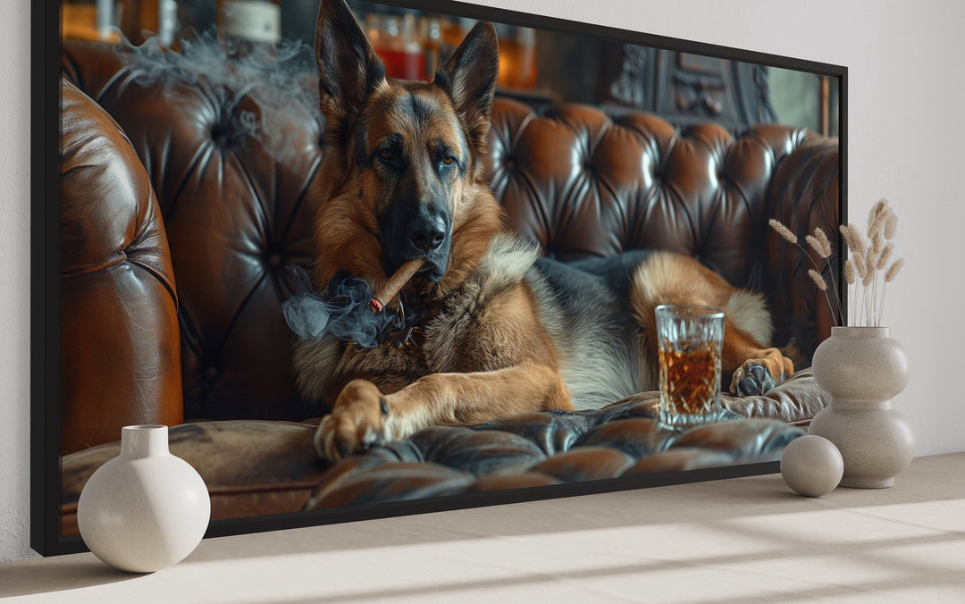 German Shepherd On Couch Smoking Cigar Drinking Whiskey Bar Wall Decor