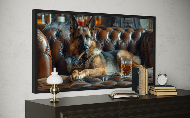 German Shepherd On Couch Smoking Cigar Drinking Whiskey Bar Wall Decor