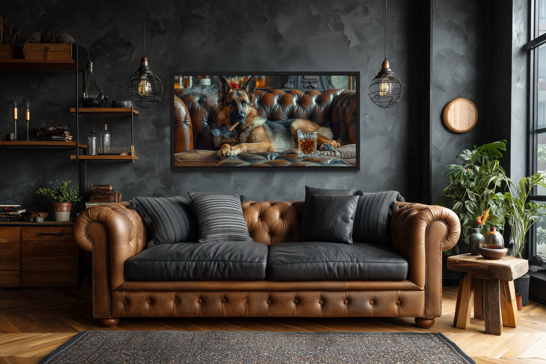 German Shepherd On Couch Smoking Cigar Drinking Whiskey Bar Wall Decor
