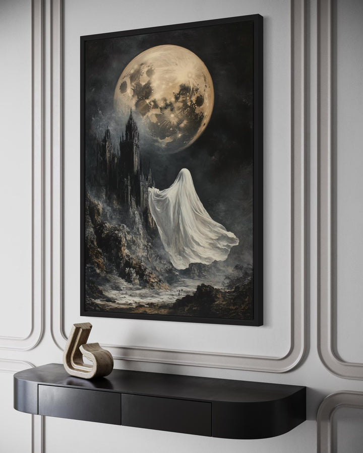 Ghost Floating Toward Gothic Castle Under Giant Moon Halloween Wall Art