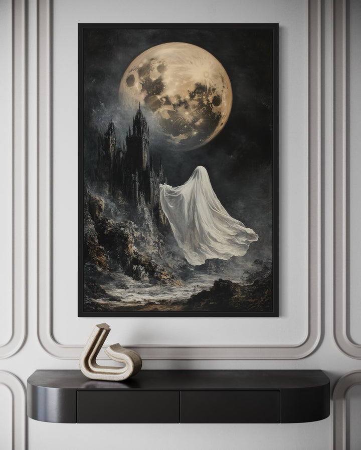 Ghost Floating Toward Gothic Castle Under Giant Moon Halloween Wall Art