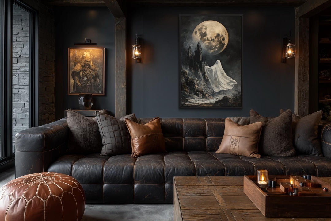 Ghost Floating Toward Gothic Castle Under Giant Moon Halloween Wall Art