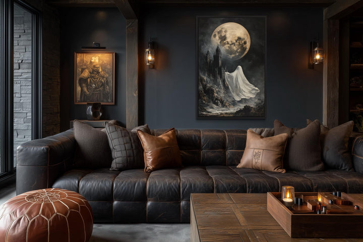 Ghost Floating Toward Gothic Castle Under Giant Moon Halloween Wall Art