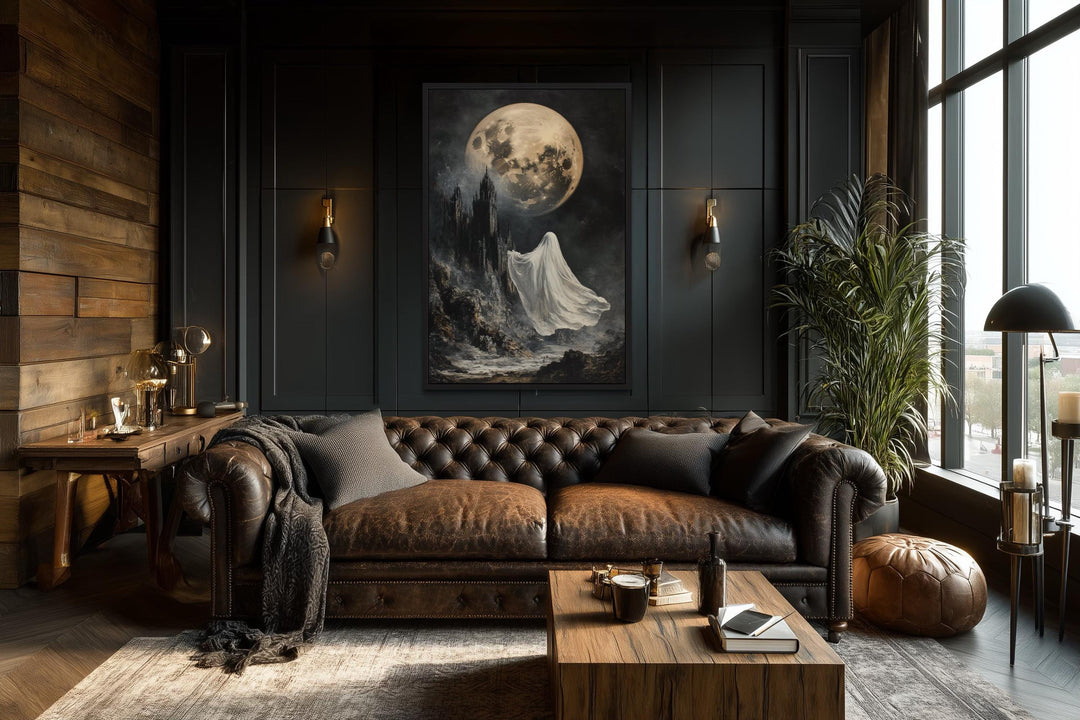 Ghost Floating Toward Gothic Castle Under Giant Moon Halloween Wall Art