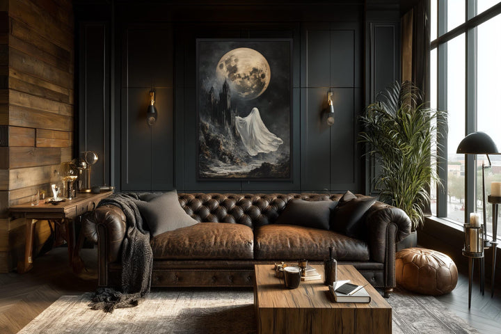 Ghost Floating Toward Gothic Castle Under Giant Moon Halloween Wall Art