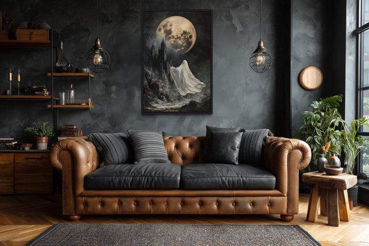 Ghost Floating Toward Gothic Castle Under Giant Moon Halloween Wall Art