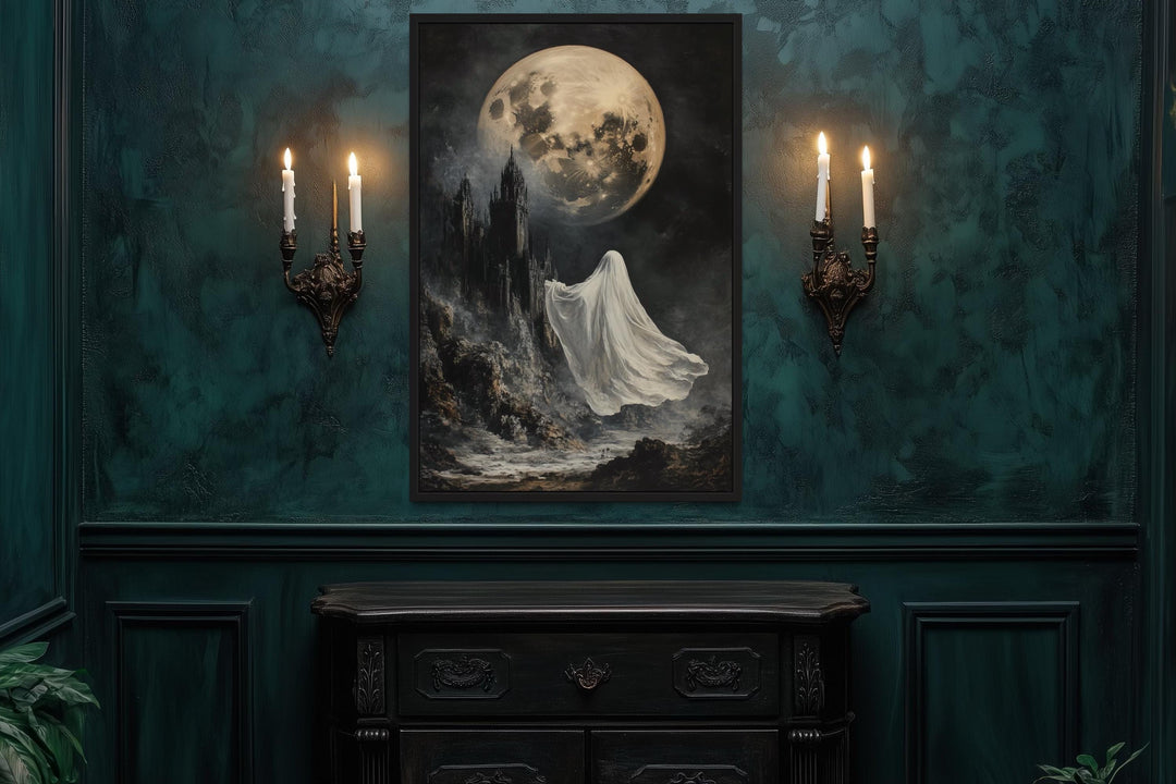 Ghost Floating Toward Gothic Castle Under Giant Moon Halloween Wall Art