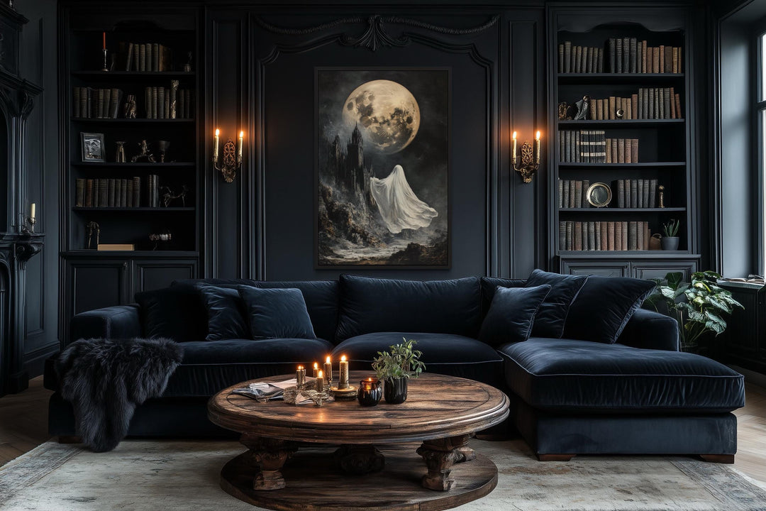 Ghost Floating Toward Gothic Castle Under Giant Moon Halloween Wall Art