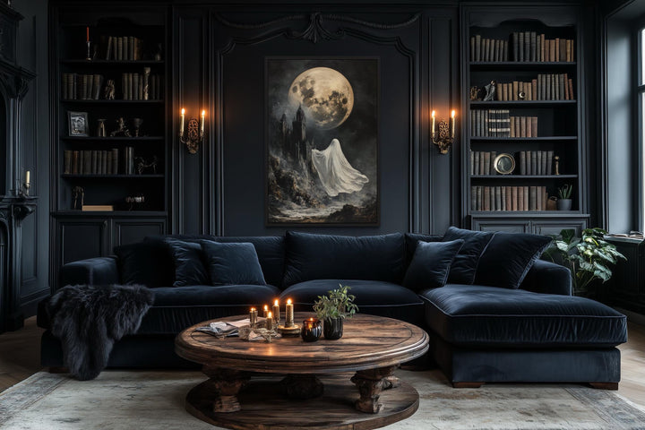 Ghost Floating Toward Gothic Castle Under Giant Moon Halloween Wall Art