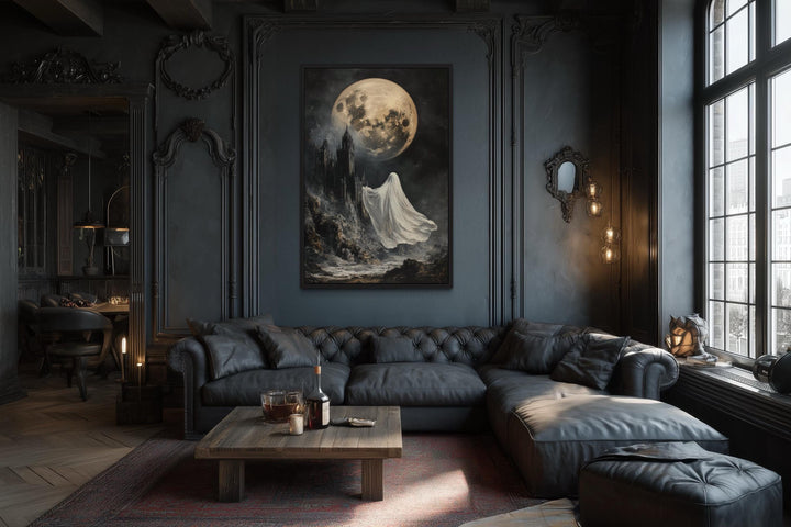 Ghost Floating Toward Gothic Castle Under Giant Moon Halloween Wall Art