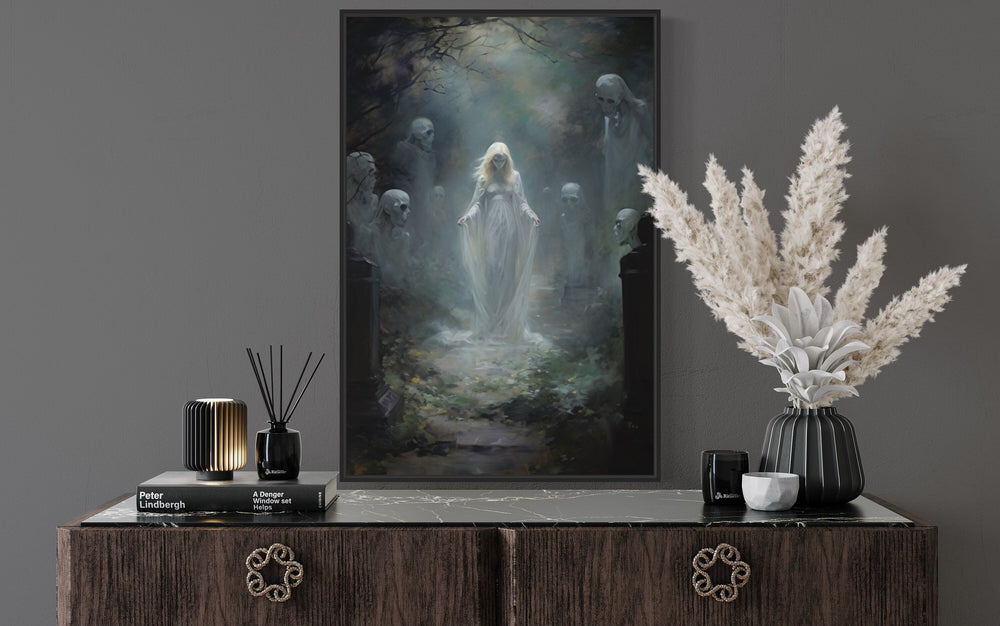 Ghost In The Cemetery Gothic Framed Canvas Wall Art