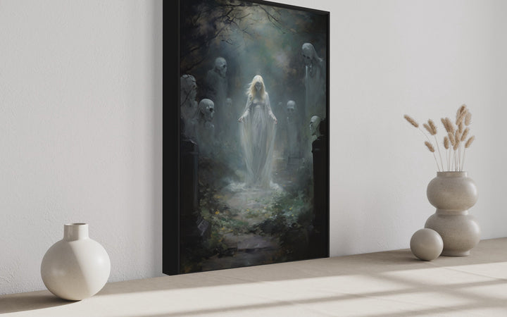 Ghost In The Cemetery Gothic Framed Canvas Wall Art