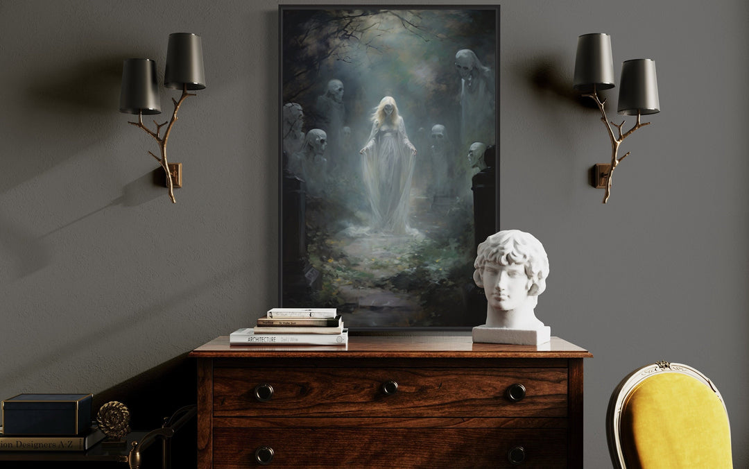 Ghost In The Cemetery Gothic Framed Canvas Wall Art