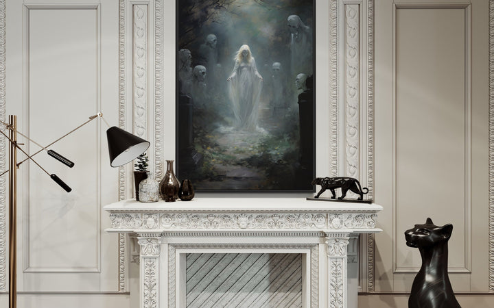 Ghost In The Cemetery Gothic Framed Canvas Wall Art