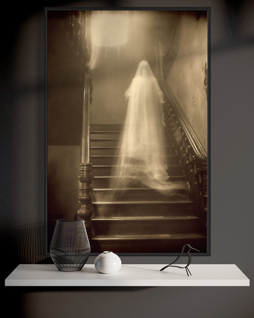 Ghost On Stairs in Haunted House Photograph Framed Canvas Wall Art