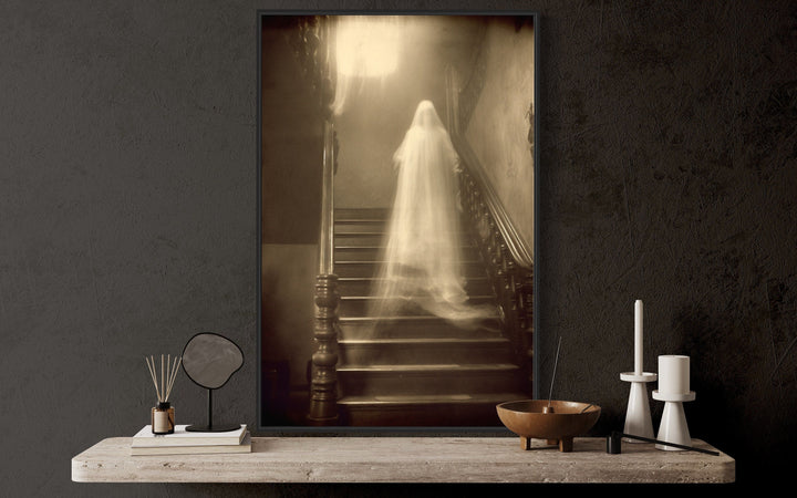 Ghost On Stairs in Haunted House Photograph Framed Canvas Wall Art