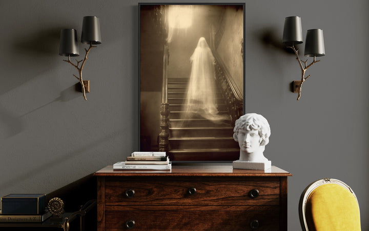 Ghost On Stairs in Haunted House Photograph Framed Canvas Wall Art