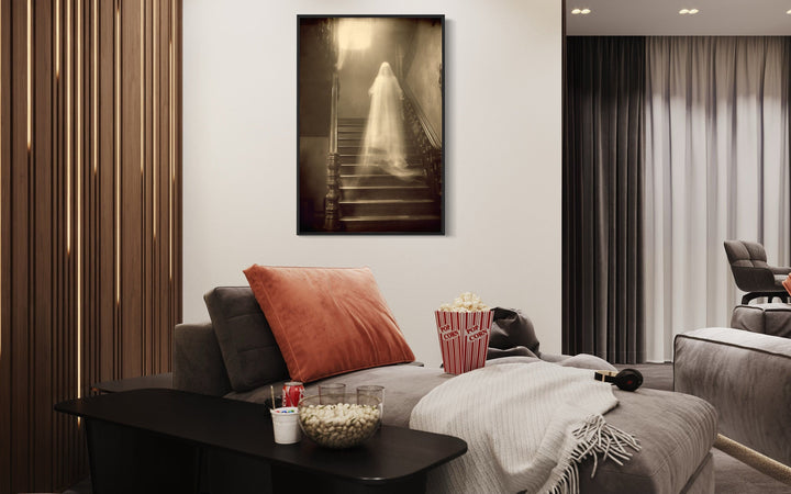 Ghost On Stairs in Haunted House Photograph Framed Canvas Wall Art