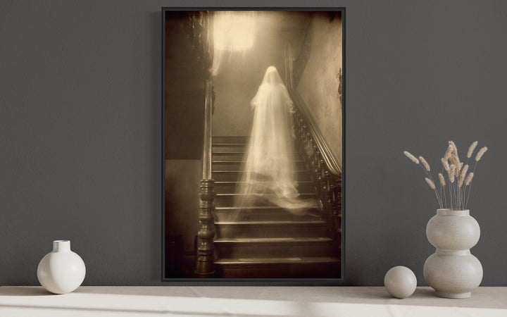 Ghost On Stairs in Haunted House Photograph Framed Canvas Wall Art