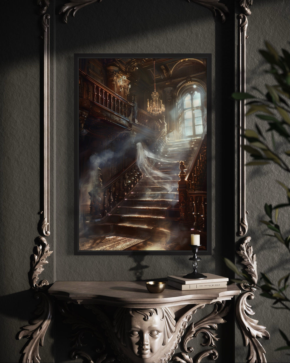 Ghost On Stairs in Haunted Mansion Gothic Halloween Wall Art