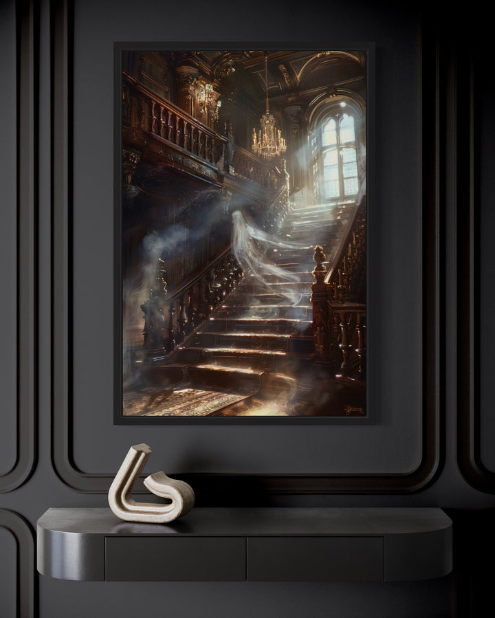 Ghost On Stairs in Haunted Mansion Gothic Halloween Wall Art