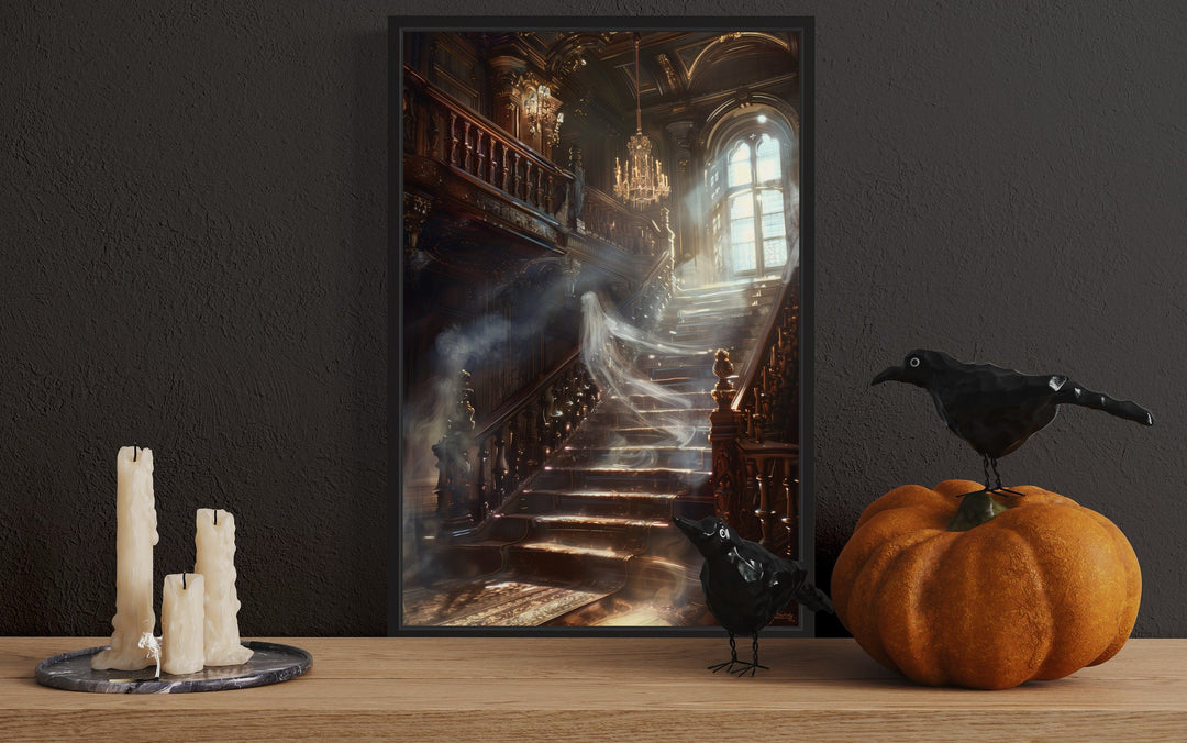 Ghost On Stairs in Haunted Mansion Gothic Halloween Wall Art