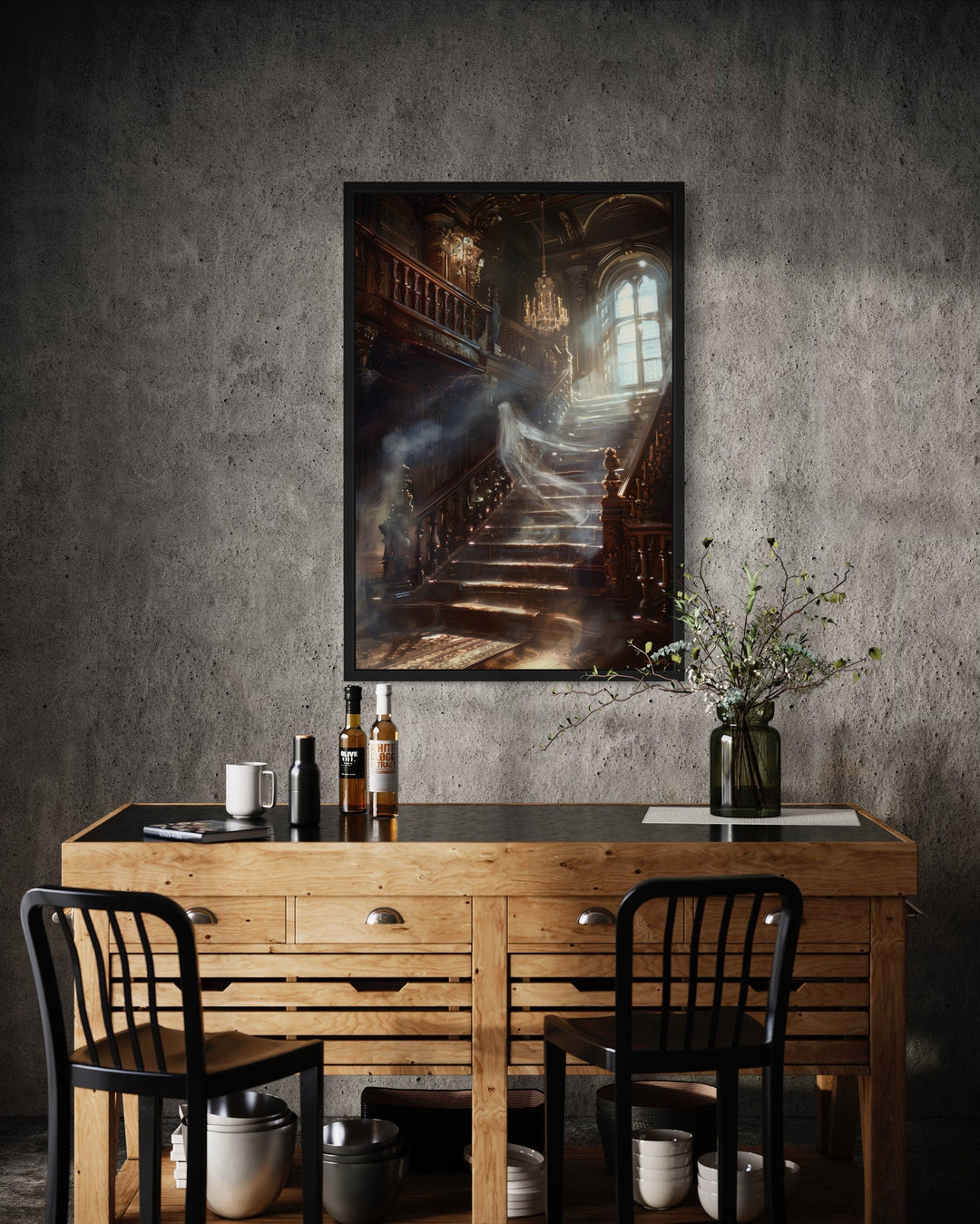 Ghost On Stairs in Haunted Mansion Gothic Halloween Wall Art