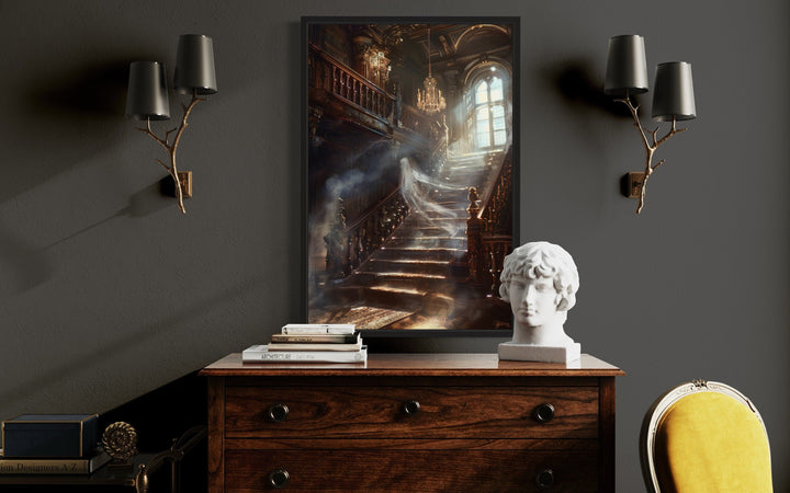 Ghost On Stairs in Haunted Mansion Gothic Halloween Wall Art