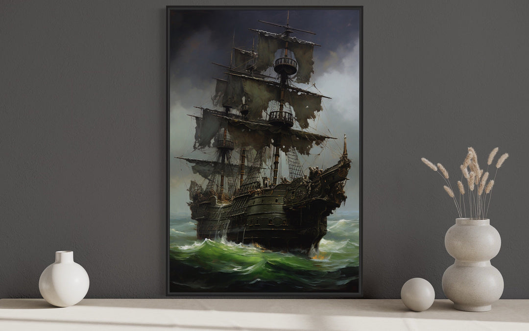 Ghost Pirate Ship In The Ocean Gothic Framed Canvas Wall Art