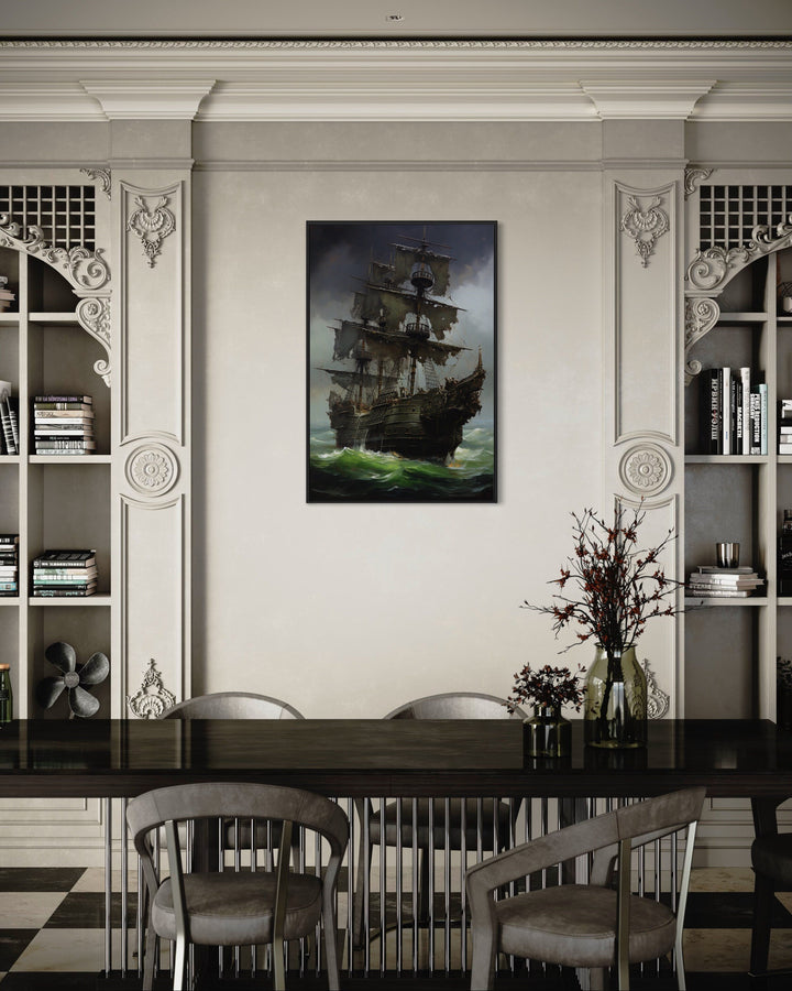 Ghost Pirate Ship In The Ocean Gothic Framed Canvas Wall Art